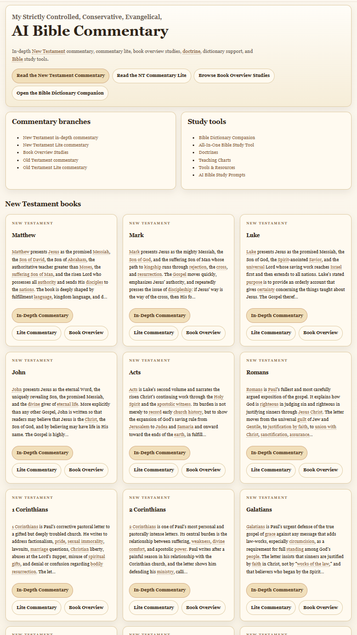 AI Bible Commentary home page showing the main Bible commentary website interface